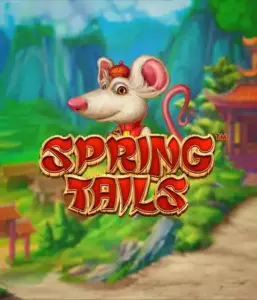 A whimsical illustration of a mouse dressed in traditional Chinese attire standing in a scenic landscape with mountains. The image promotes the Spring Tails game by Betsoft, highlighted with striking gold and red logo lettering.