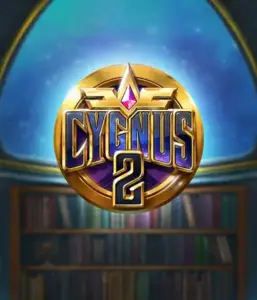 Explore the captivating graphics of Cygnus 2 Slot by ELK Studios, showcasing a spectacular logo with a vibrant design in purple and gold. Positioned against a mystical library setting, this image evokes the essence of adventure and mystery. 